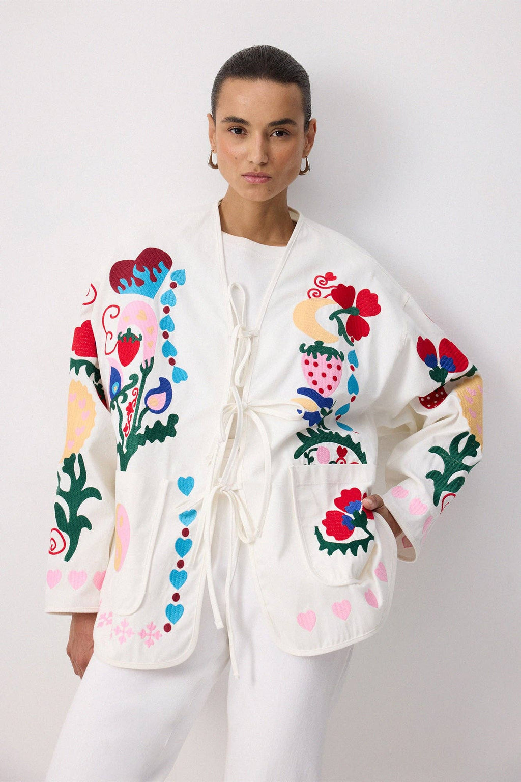 Whimsical Embroidered Gabardine Tie-Front Jacket - Cotton