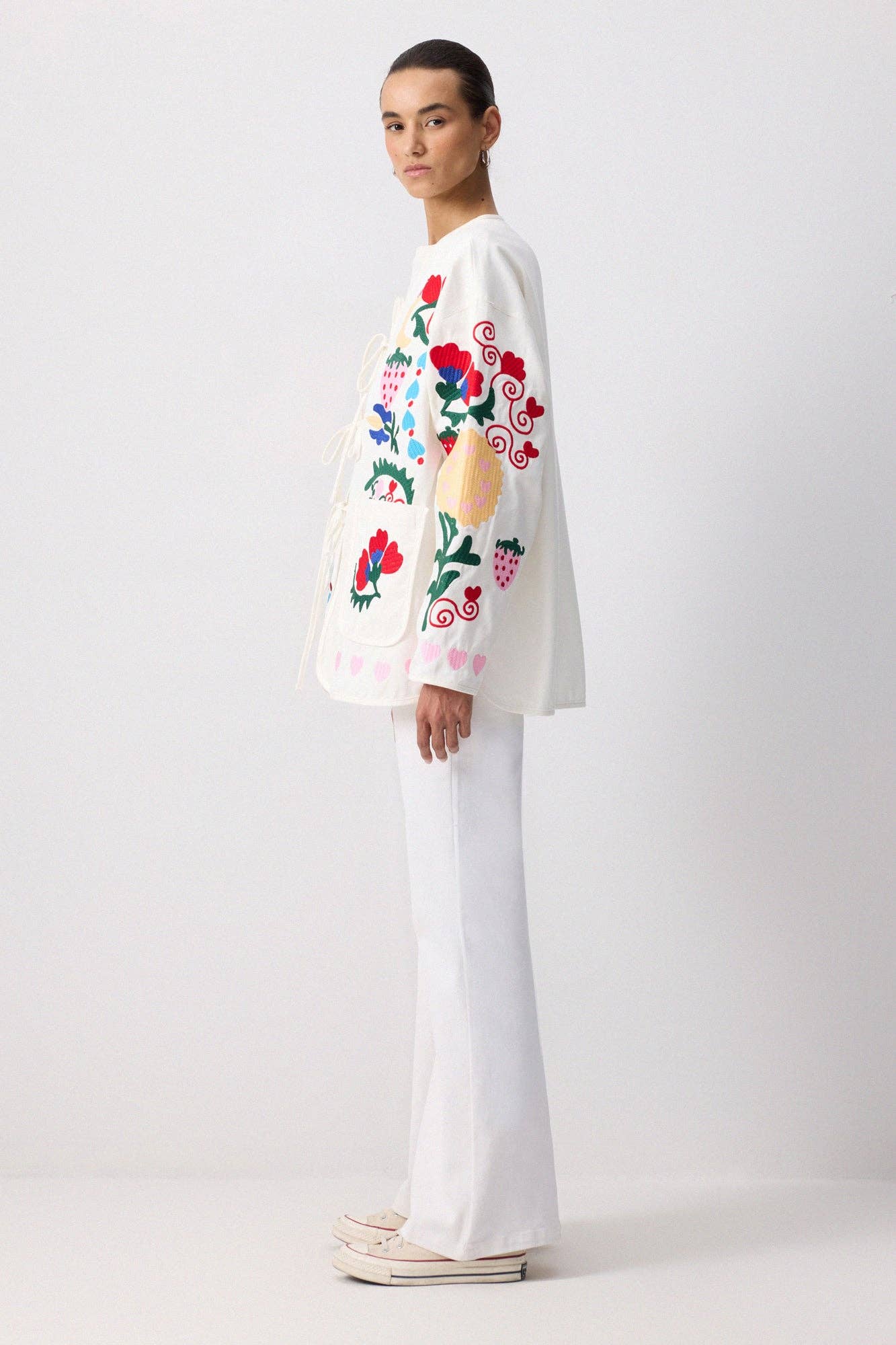 Whimsical Embroidered Gabardine Tie-Front Jacket - Cotton