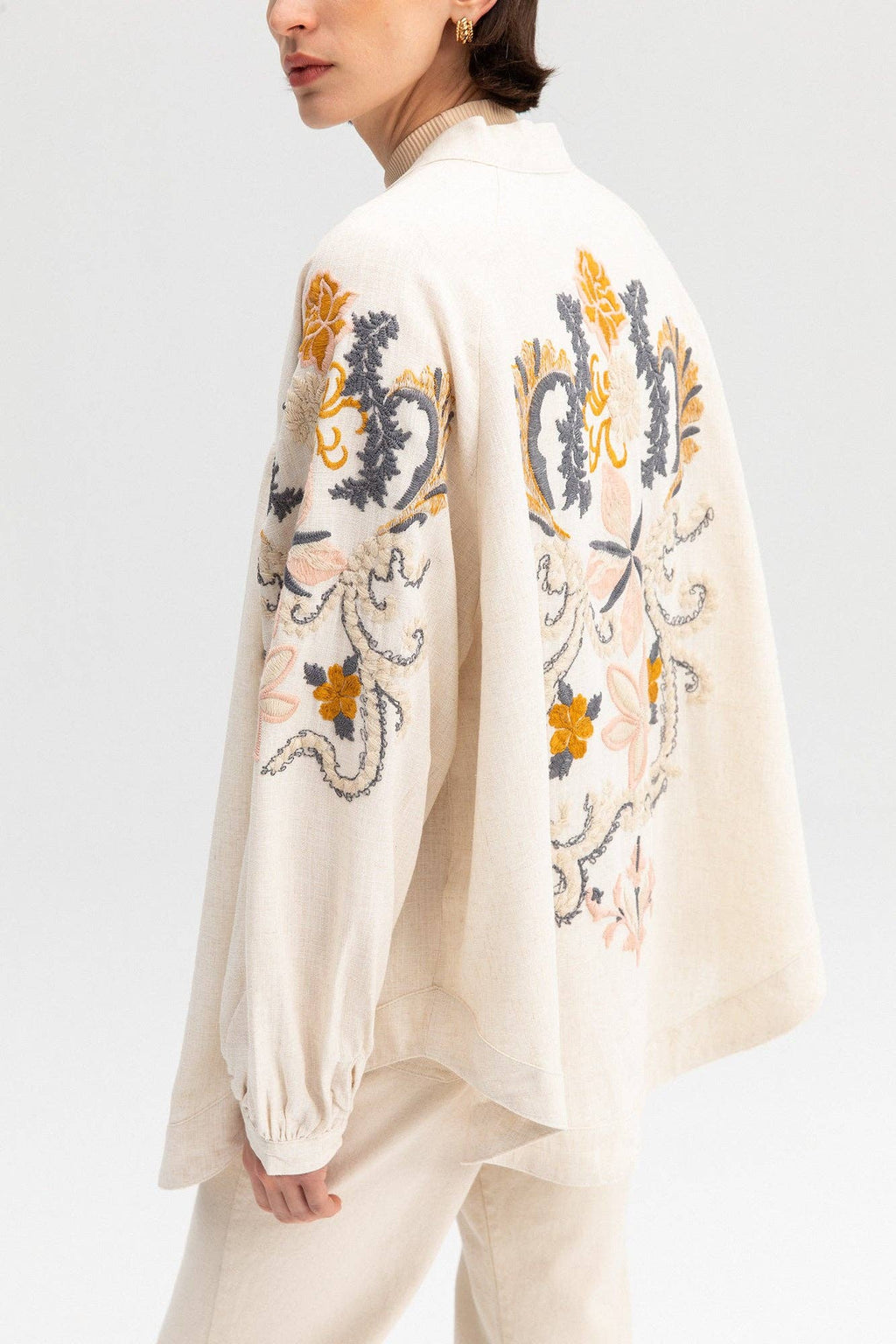 Embroidered Linen Blend Kimono Jacket