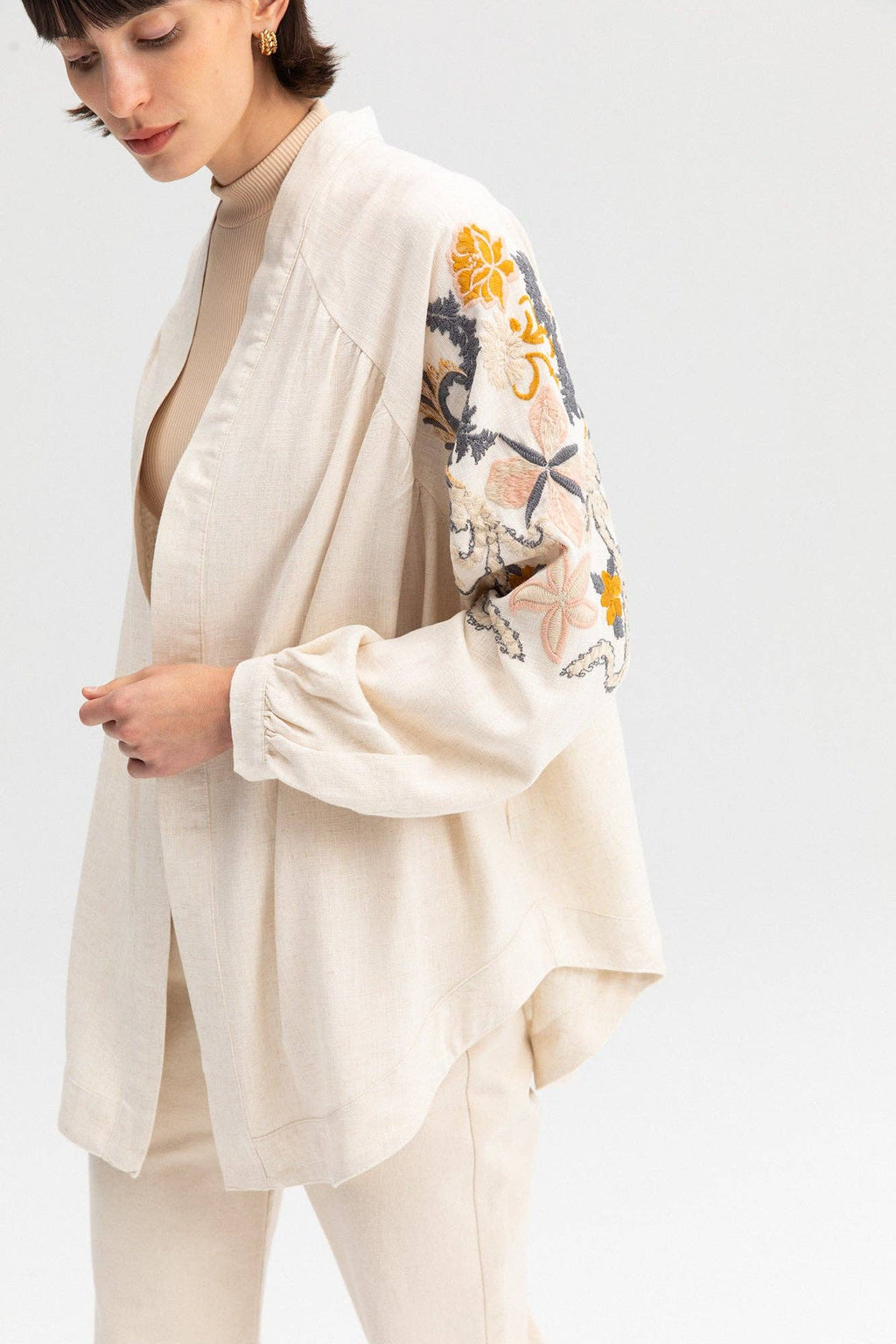 Embroidered Linen Blend Kimono Jacket