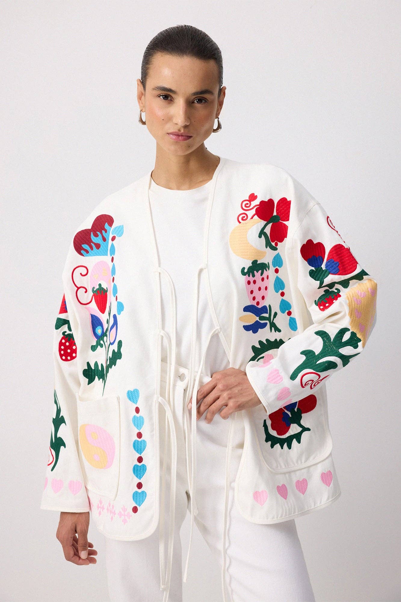 Whimsical Embroidered Gabardine Tie-Front Jacket - Cotton