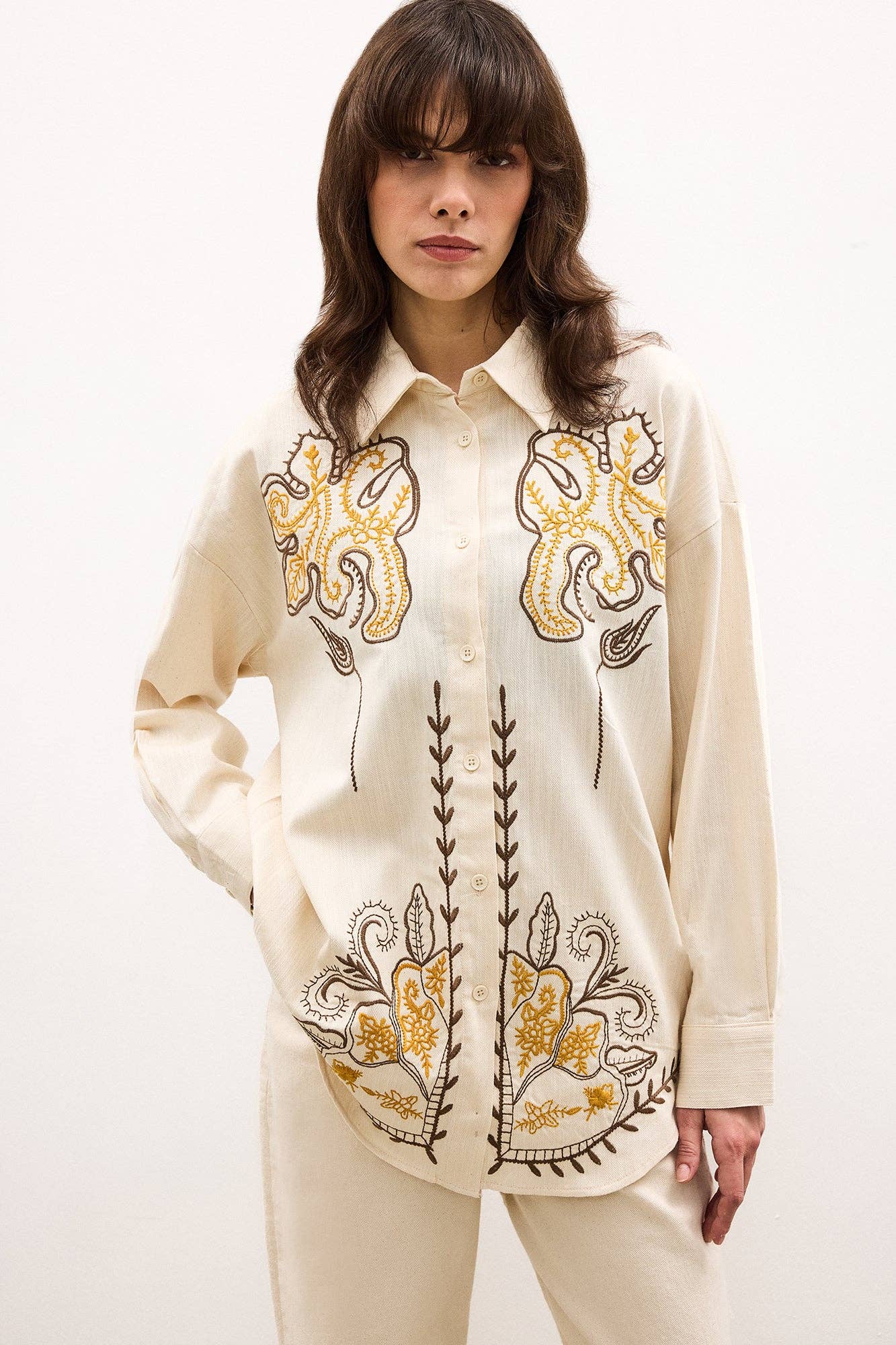 Embroidered Linen Blend Shirt – Relaxed Fit Boho Cotton