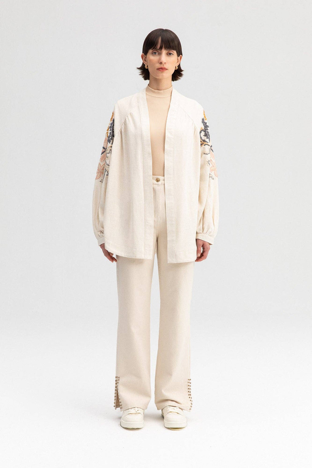 Embroidered Linen Blend Kimono Jacket