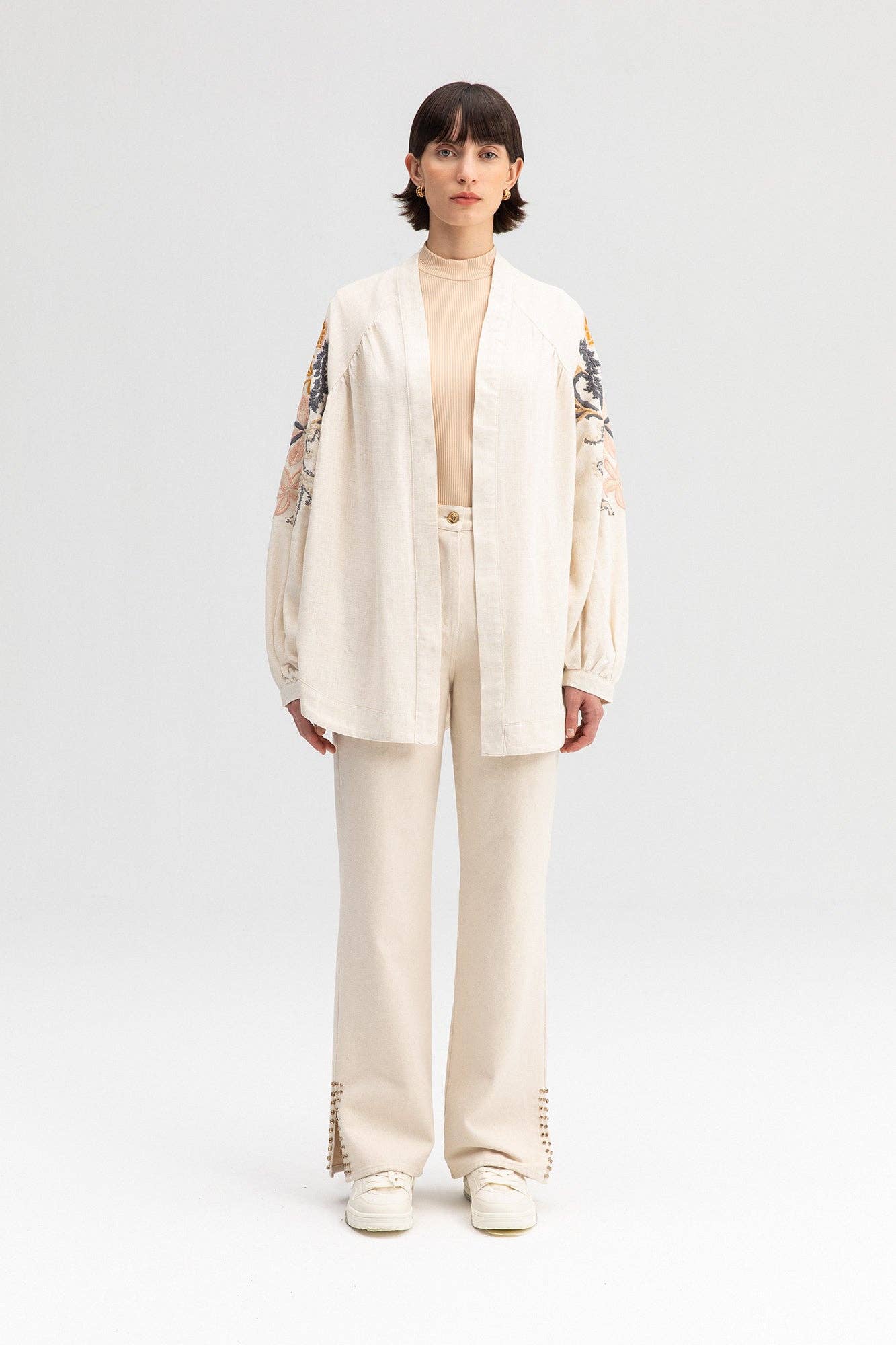 Embroidered Linen Blend Kimono Jacket