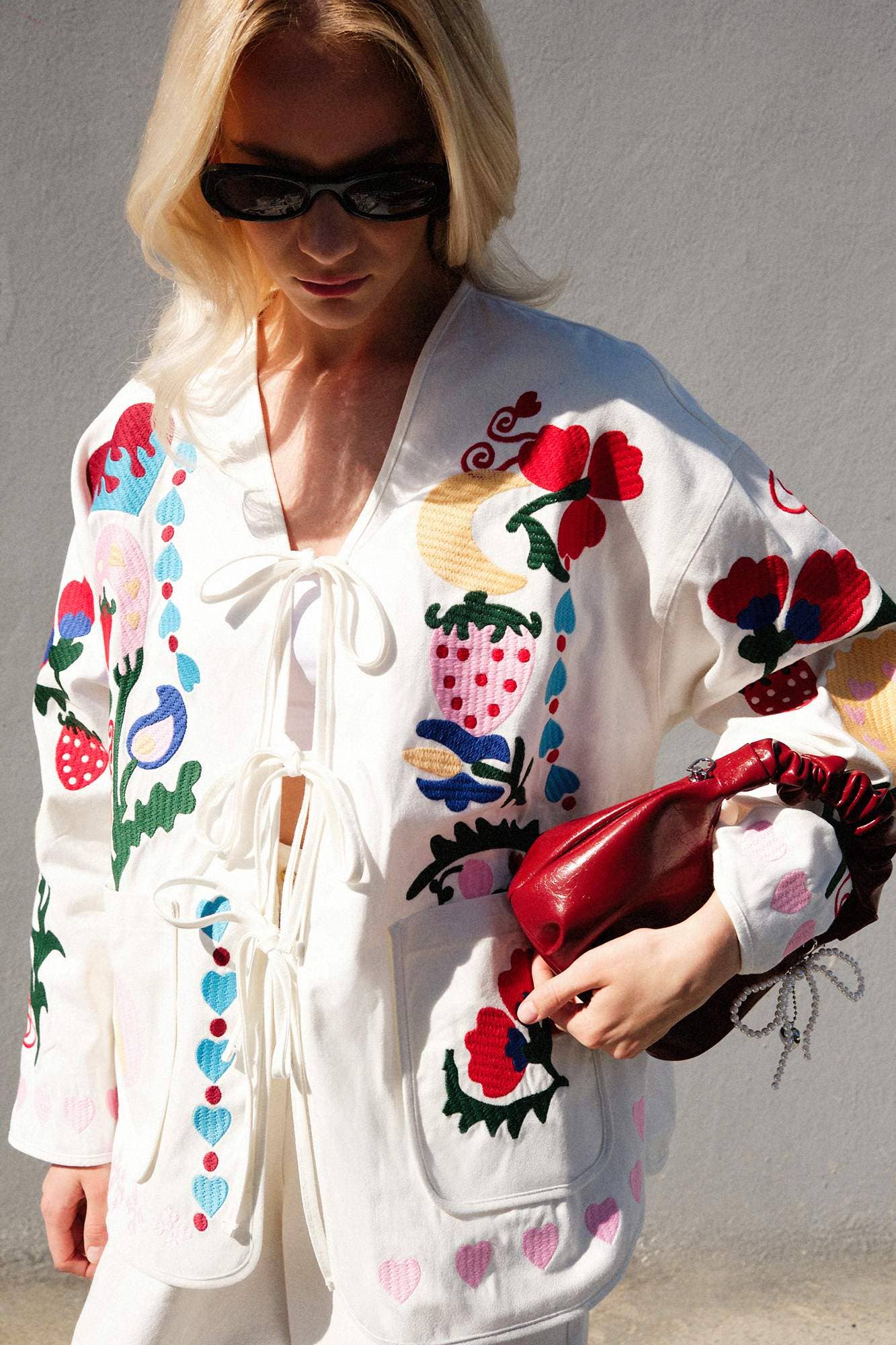Whimsical Embroidered Gabardine Tie-Front Jacket - Cotton