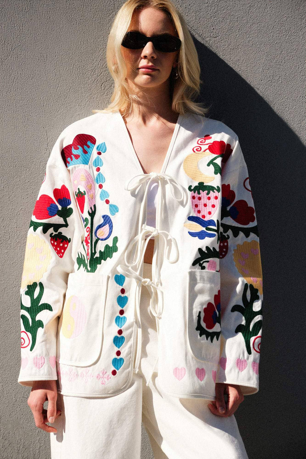 Whimsical Embroidered Gabardine Tie-Front Jacket - Cotton