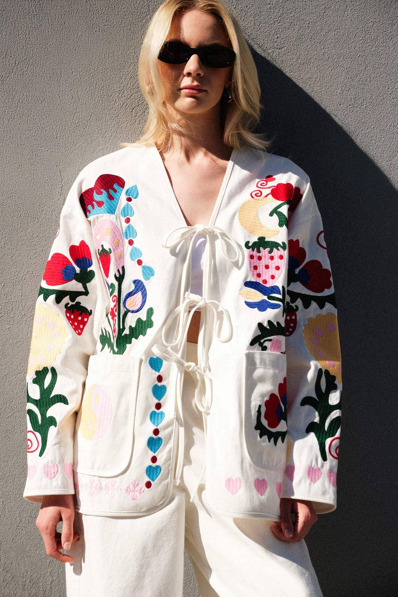 Whimsical Embroidered Gabardine Tie-Front Jacket - Cotton