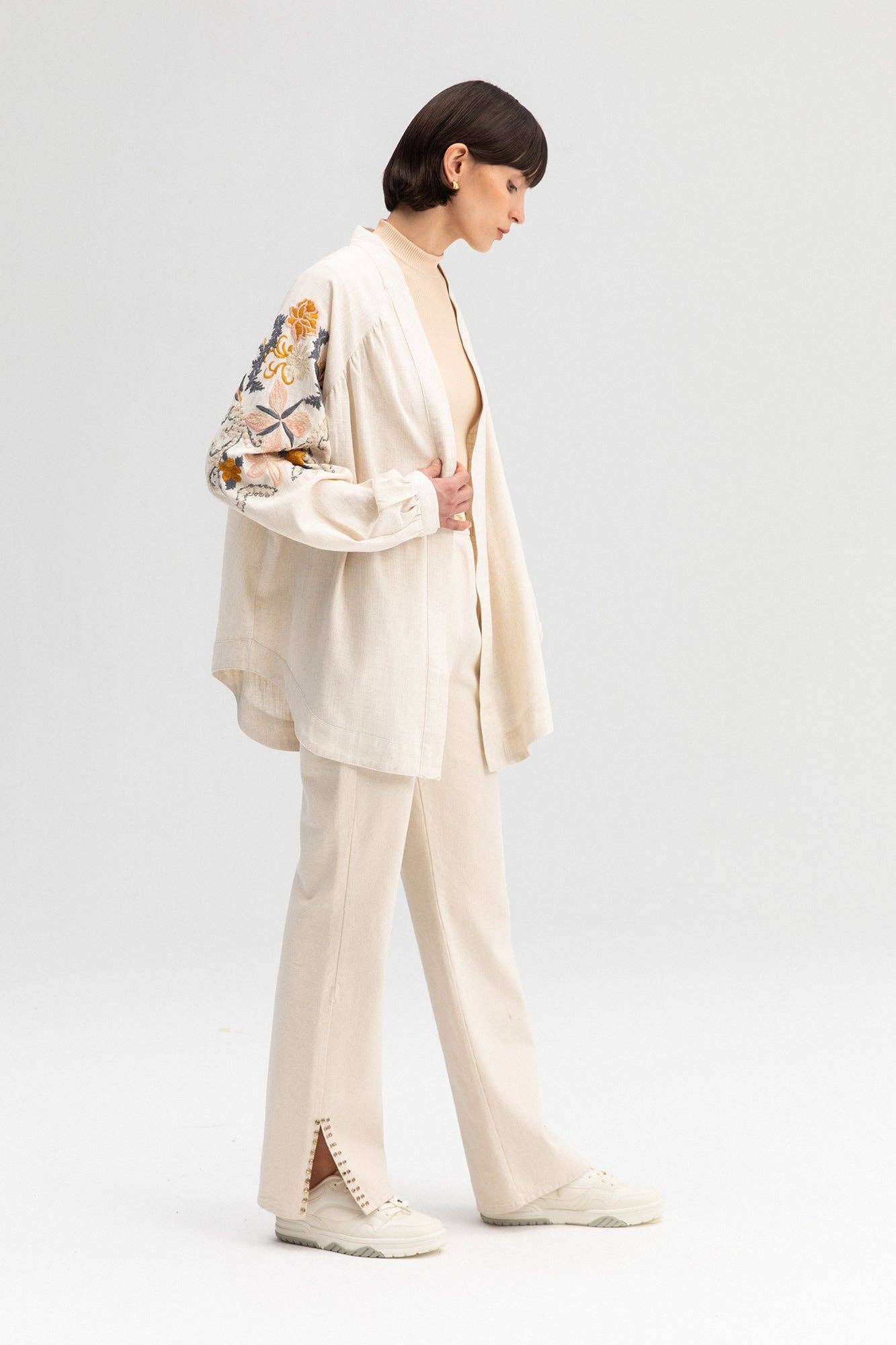 Embroidered Linen Blend Kimono Jacket