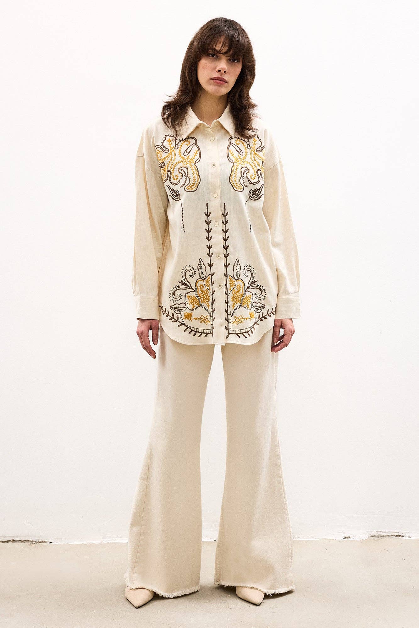 Embroidered Linen Blend Shirt – Relaxed Fit Boho Cotton
