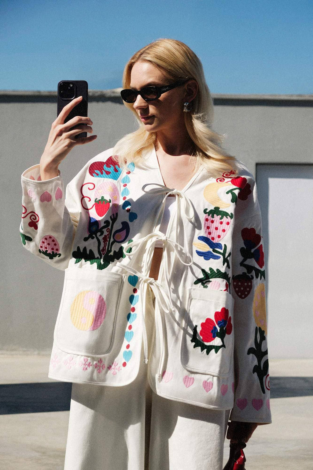 Whimsical Embroidered Gabardine Tie-Front Jacket - Cotton
