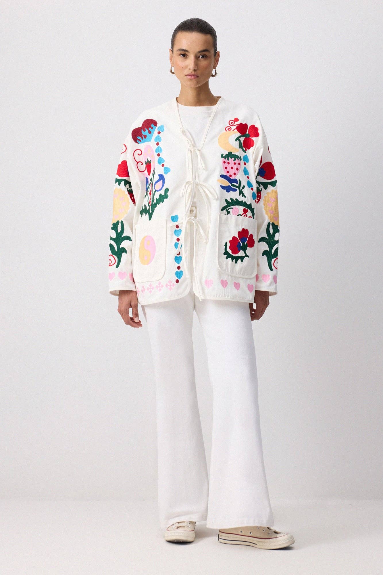 Whimsical Embroidered Gabardine Tie-Front Jacket - Cotton