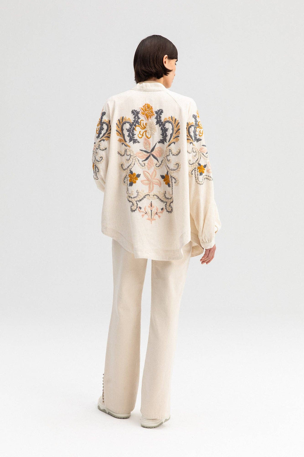 Embroidered Linen Blend Kimono Jacket