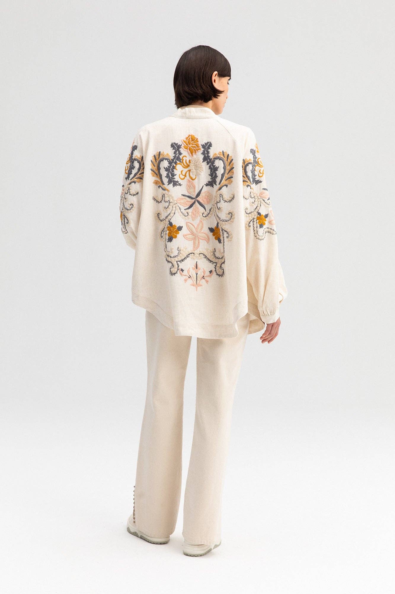 Embroidered Linen Blend Kimono Jacket