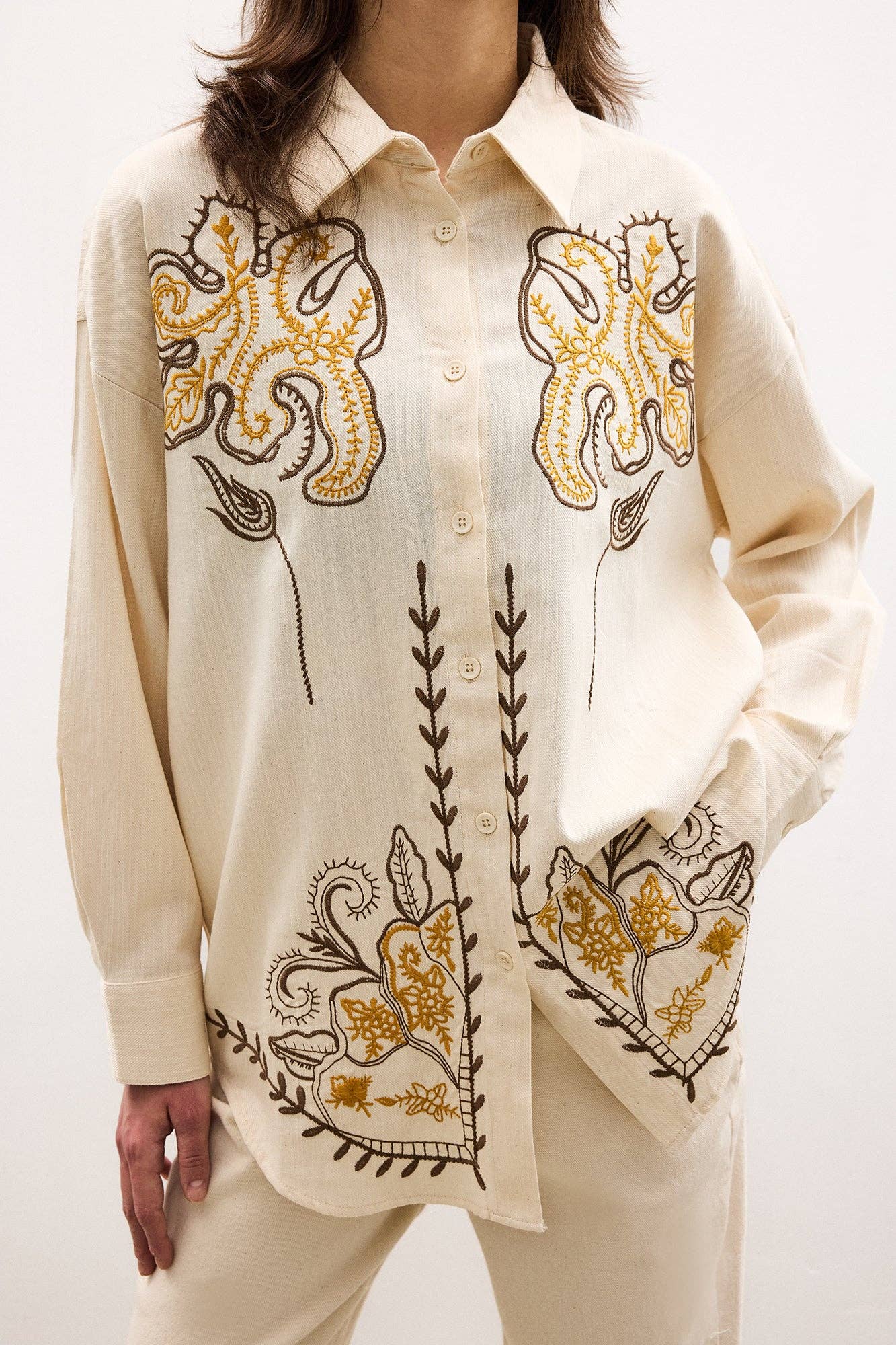 Embroidered Linen Blend Shirt – Relaxed Fit Boho Cotton