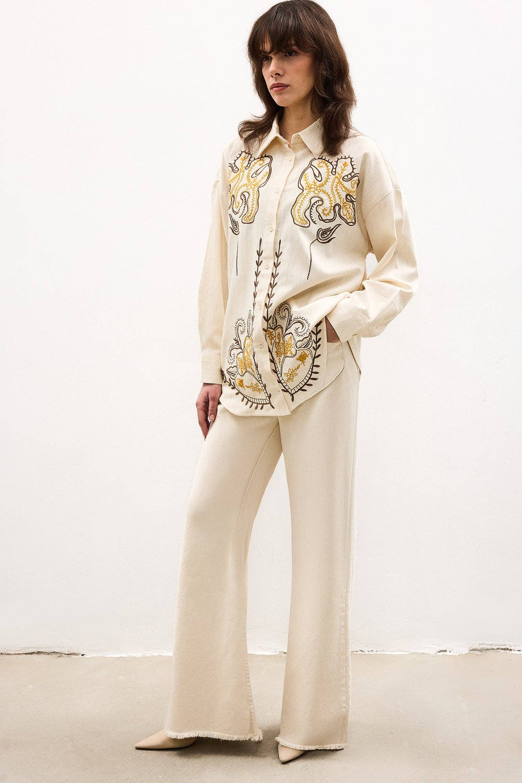 Embroidered Linen Blend Shirt – Relaxed Fit Boho Cotton